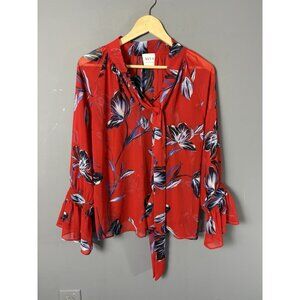 MISA Los Angeles Womens XS Gracie Red Sheer Floral Print Bell Sleeve Blouse Top